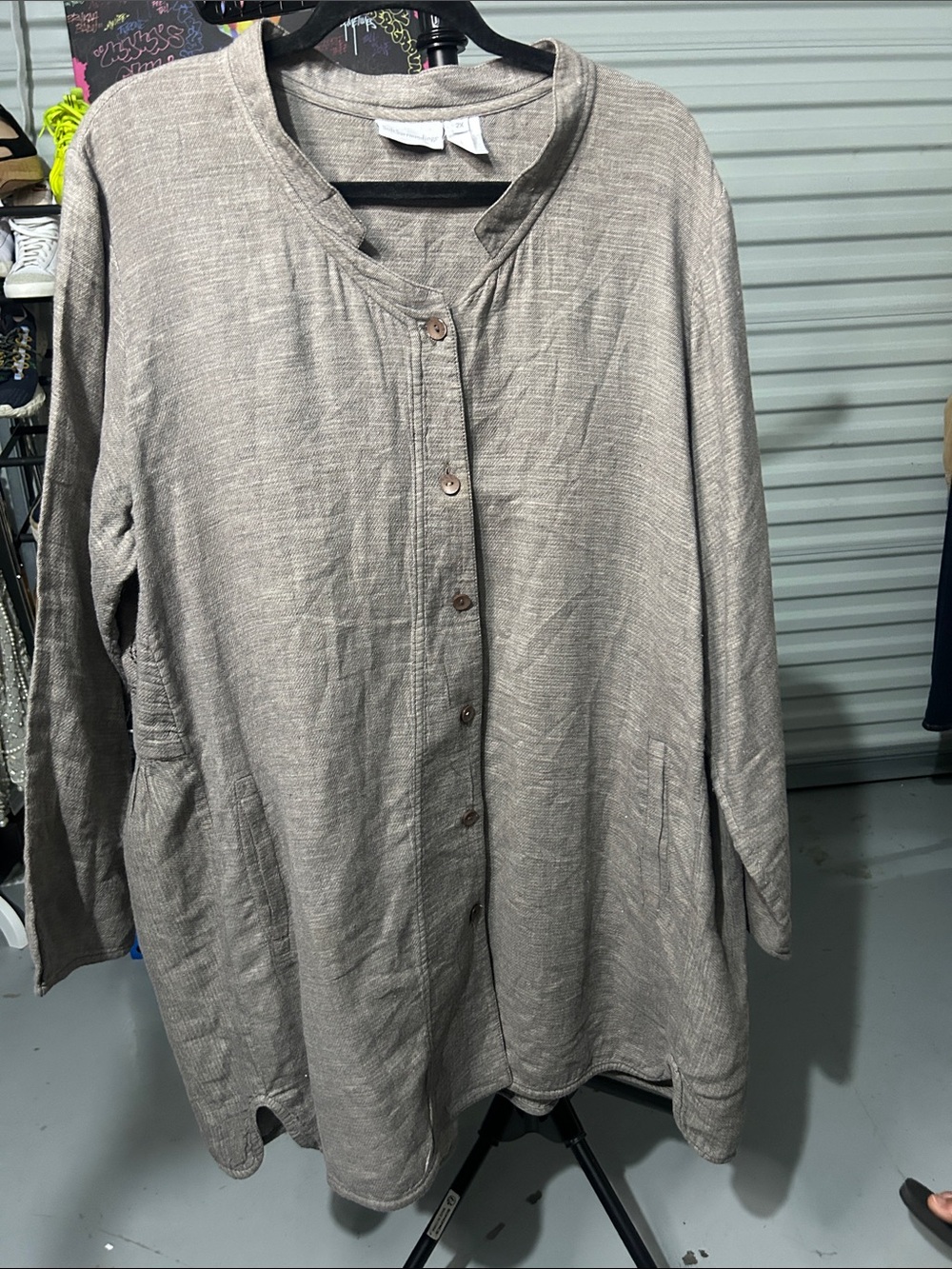 Soft Surroundings Taupe Button-Front Tunic 100 cotton embroidered plus size 2X
